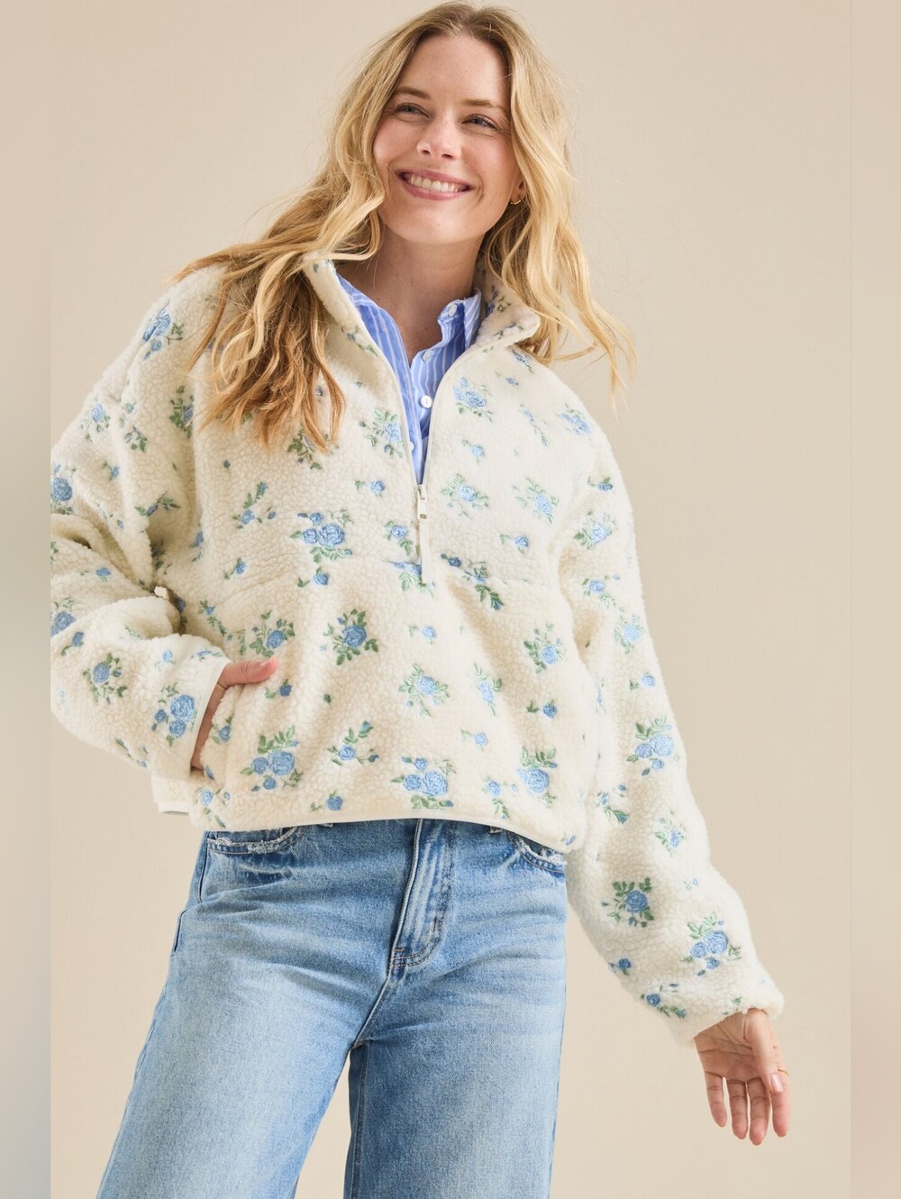 Altar'd State Cele Embroidered Floral Sherpa Quarter Zip Jacket